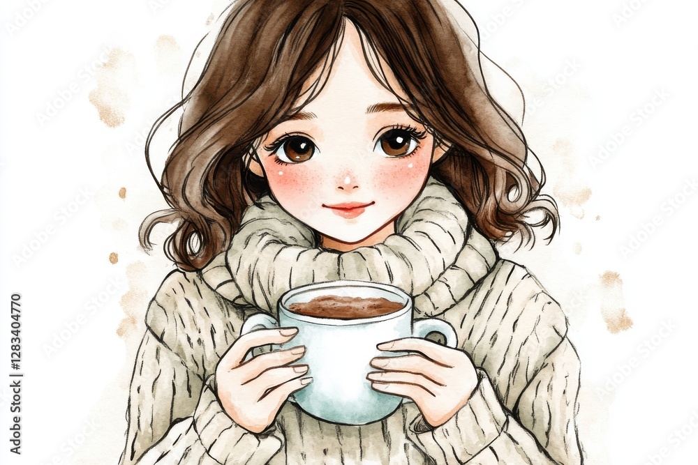 A cozy illustration of a young woman wearing a warm sweater while holding a cup of steaming coffee, reflecting comfort and relaxation in autumn vibes. A cozy illustration of a young woman wearing a warm sweater while holding a cup of steaming coffee, reflecting comfort and relaxation in autumn vibes.