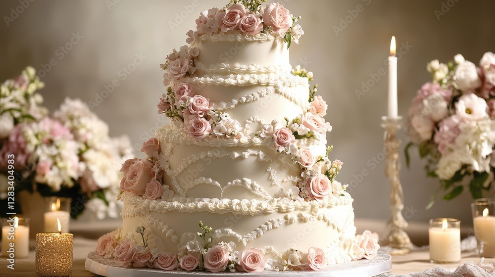 A stylish wedding cake featuring several layers of intricate fondant designs, with delicate flowers cascading down the sides. A stylish wedding cake featuring several layers of intricate fondant designs, with delicate flowers cascading down the sides.