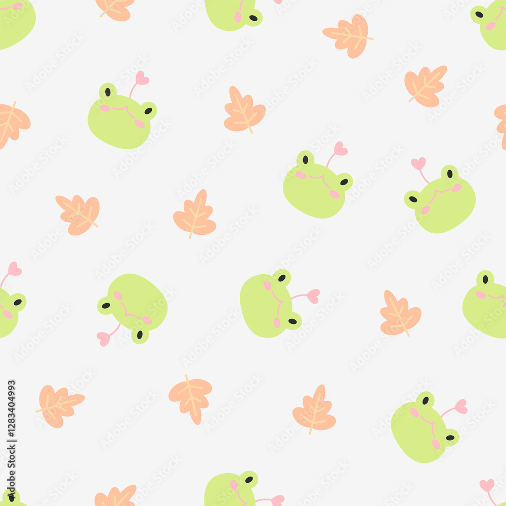Obraz premium Cute cartoon of green frog and tropical leaves seamless pattern vector background. Animal textile design for fabric print, kids wallpaper, cute design, wallpaper, gift wrap paper.