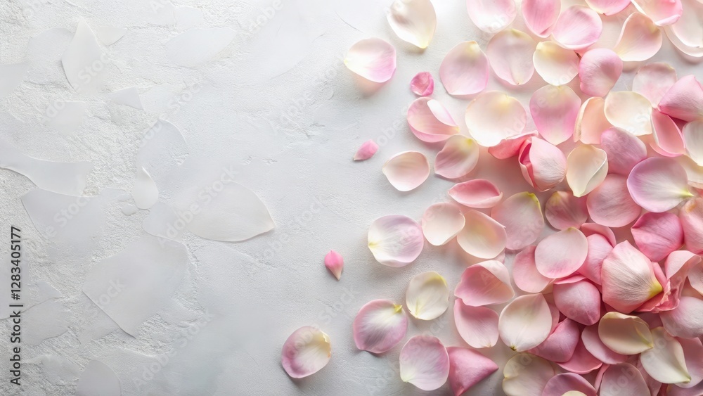 Obraz premium Soft pastel pink rose petals scattered on a minimalist white background with subtle texture, flower, design, flower, design
