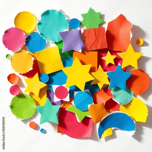 an image of a pile of colorful paper cut shapes on a white surface, there is a pile of colorful paper cut shapes on a white surface photo