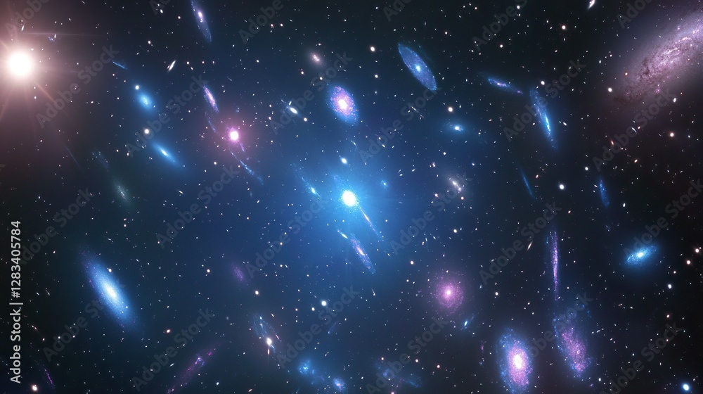 Dark matter represented by translucent cosmic clouds engulfing early universe galaxies, soft focus starry background Dark matter represented by translucent cosmic clouds engulfing early universe galaxies, soft focus starry background