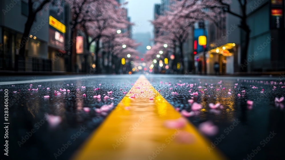 Serene Urban Street with Cherry Blossoms and Rainy Reflections Serene Urban Street with Cherry Blossoms and Rainy Reflections