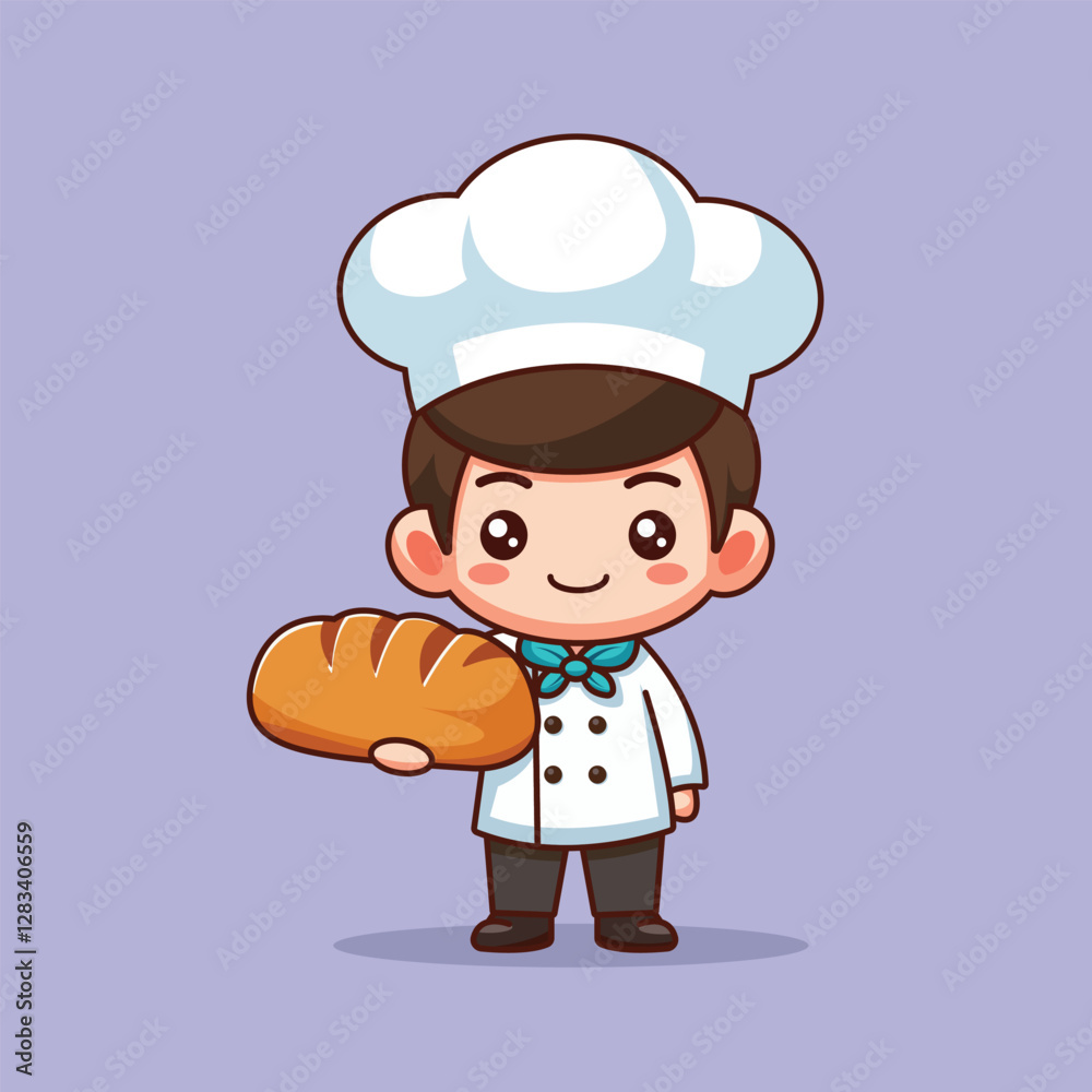 Cute cartoon chef holding a loaf of bread. Adorable bakery mascot character in a flat, kawaii style. Perfect for culinary, bakery, or food-related designs and branding. Cute cartoon chef holding a loaf of bread. Adorable bakery mascot character in a flat, kawaii style. Perfect for culinary, bakery, or food-related designs and branding.