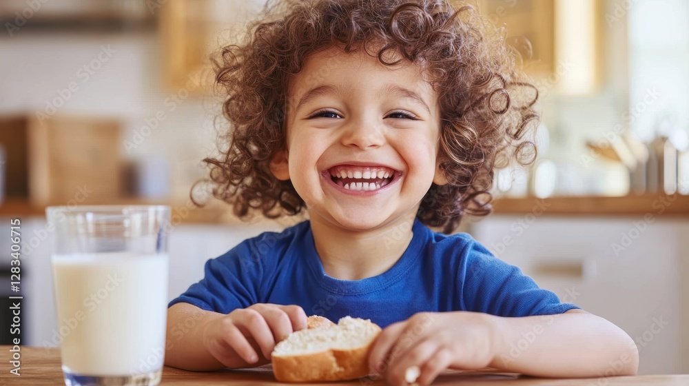Child enjoying snack at home with smile, healthy lifestyle, curly hair, milk glass, happy childhood, indoor kitchen, joyful moment, playful atmosphere. Child enjoying snack at home with smile, healthy lifestyle, curly hair, milk glass, happy childhood, indoor kitchen, joyful moment, playful atmosphere.