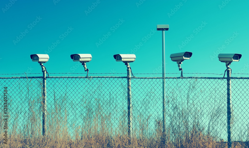 Obraz premium Cutting-edge security fence equipped with advanced surveillance cameras, ensuring robust protection and innovative safety solutions