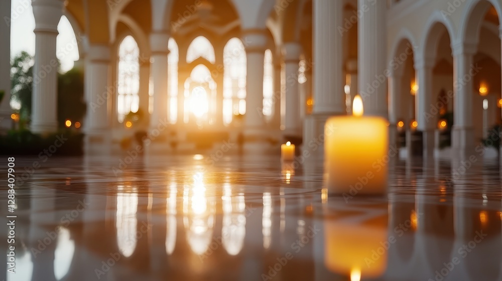 Fototapeta premium Serene Candlelit Interior with Graceful Arches and Soft Sunset Glow