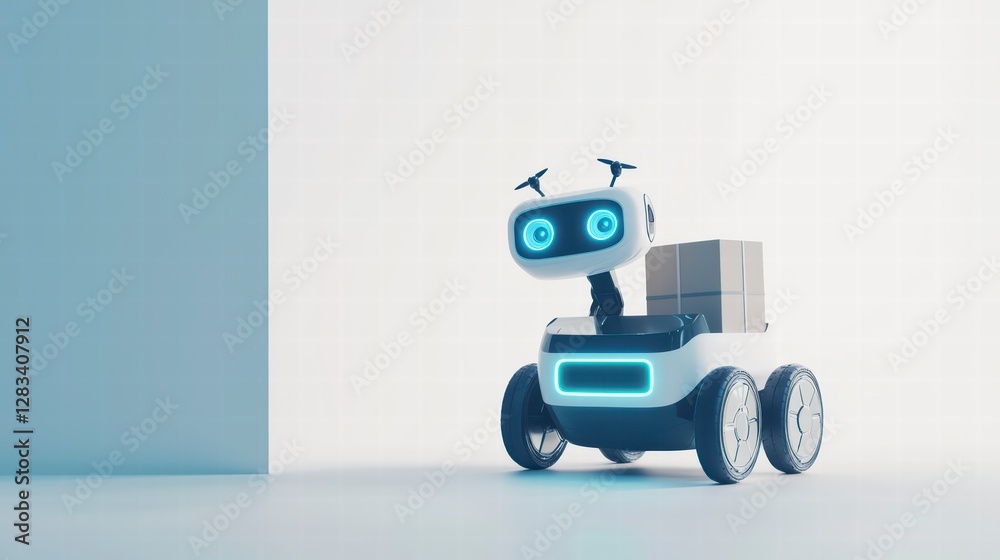 Obraz premium Robotic Delivery Companion: This image showcases a friendly, autonomous delivery robot navigating a modern, minimalist space, carrying a package