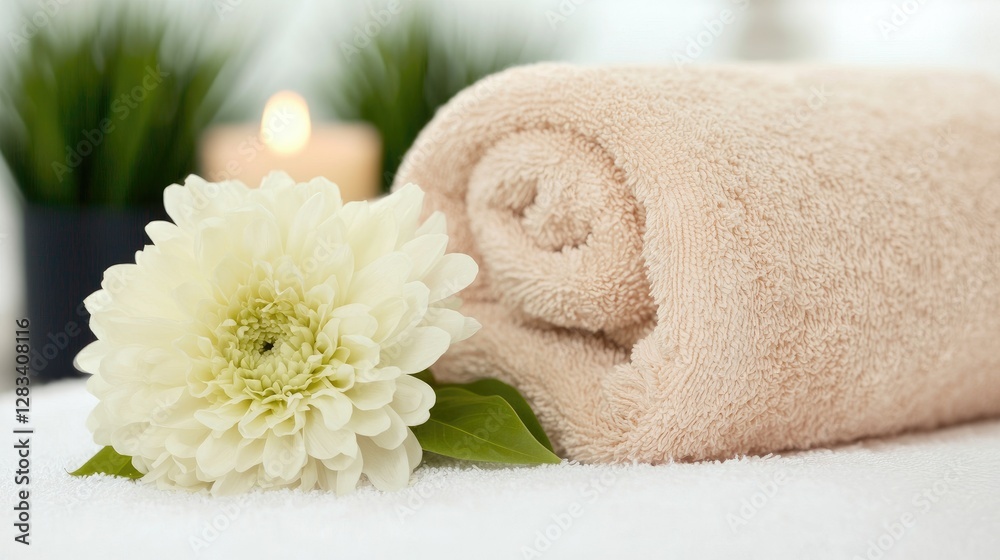 Rolled Towel, Flower, Spa Setting. Possible Use Wellness, Relaxation Rolled Towel, Flower, Spa Setting. Possible Use Wellness, Relaxation