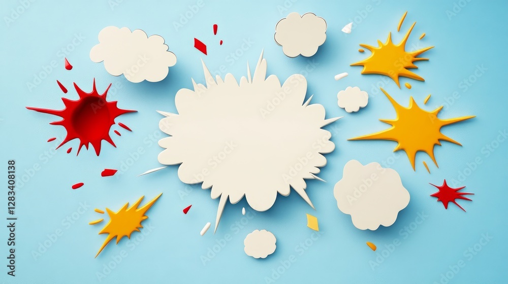 Colorful Comic Style Speech Bubbles and Explosive Shapes on Blue Colorful Comic Style Speech Bubbles and Explosive Shapes on Blue