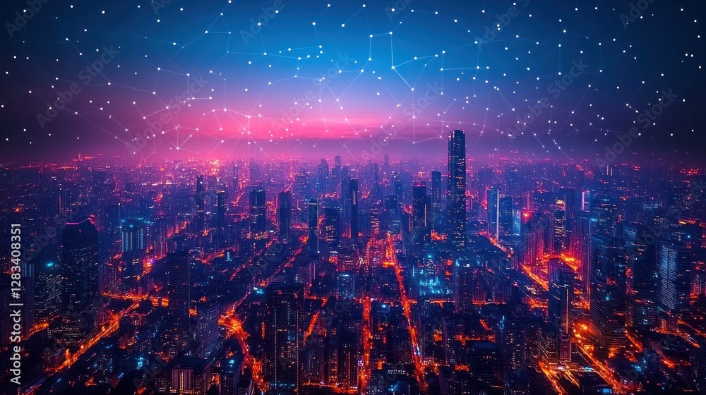 Fototapeta premium Night City Skyline with Digital Network