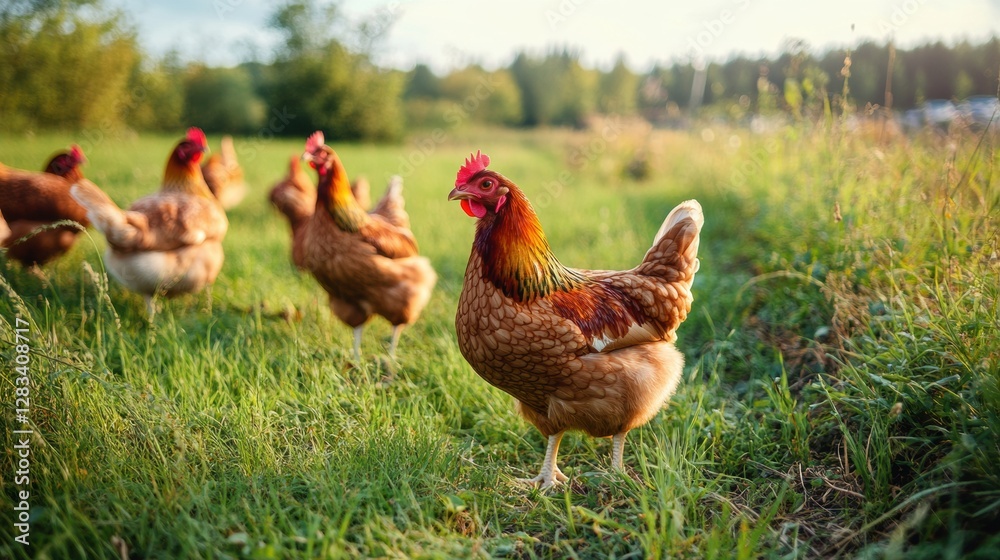 Fototapeta premium Farm chickens foraging in a grassy field during golden hour near a peaceful countryside landscape. Generative AI