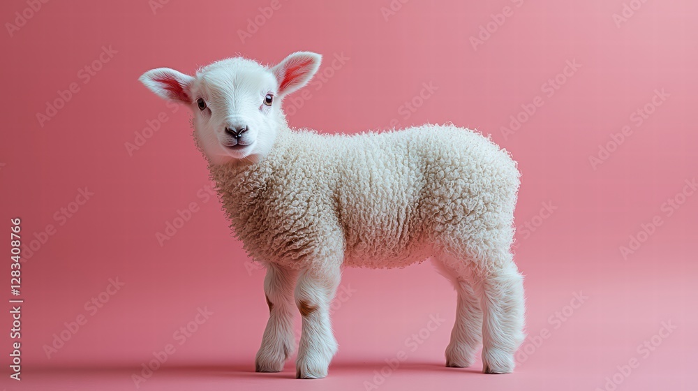 Fototapeta premium Adorable Lamb in Pink: A fluffy, pure white lamb stands gracefully against a soft pink background, its innocent eyes captivating the viewer, embodying purity and innocence. 