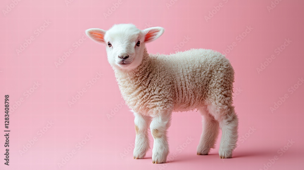 Fototapeta premium Fluffy Lamb on Pink: A fluffy, adorable lamb with soft, woolly coat gazes directly at the viewer against a vibrant, pink backdrop. Capturing the innocence and purity of the animal