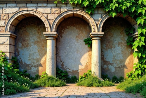 Distressed stone wall with ancient arches and overgrown vines, vines, ancient architecture, rustic
