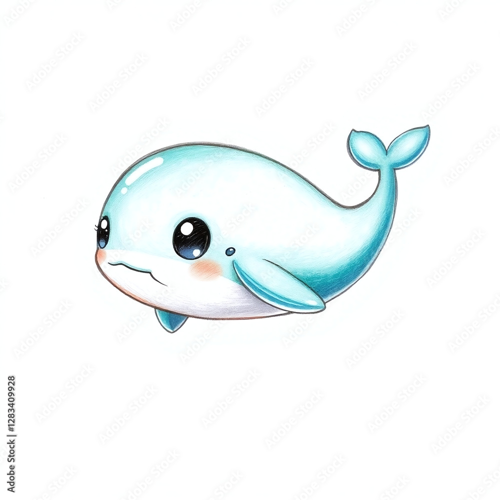 Hand-drawn sketch of a cute, minimalist chibi-style 3D baby whale with a smooth, glossy body and large, adorable eyes floating in a pastel ocean. Rich deep teal, luxurious and vibrant colors Hand-drawn sketch of a cute, minimalist chibi-style 3D baby whale with a smooth, glossy body and large, adorable eyes floating in a pastel ocean. Rich deep teal, luxurious and vibrant colors