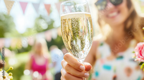 Close up of woman holding sparkling drink at outdoor celebration