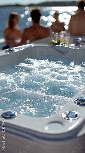 Serene Spa Day: A bubbling hot tub beckons with inviting warmth, offering a moment of escape and relaxation, while blurred figures in the background suggest the enjoyment of a perfect day.