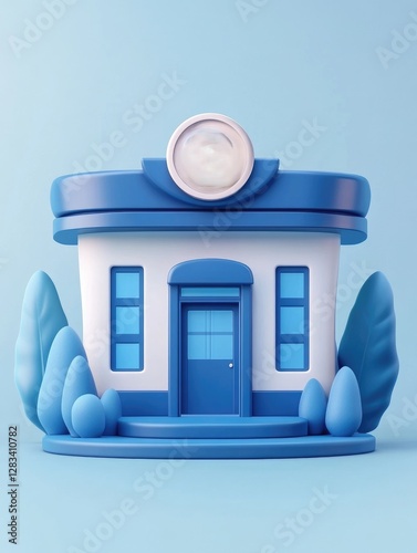 A stylized depiction of a blue building and its foliage photo