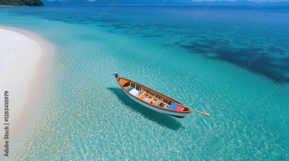 Serene Beach with a Boat in Crystal Clear Water Serene Beach with a Boat in Crystal Clear Water