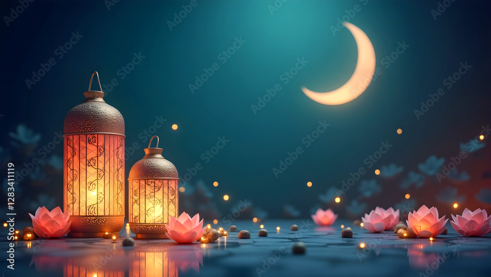 Obraz premium Divine Ramadan Evenings – Illuminated Lanterns, Crescent Moon, and Lotus Flowers in a Starry Night