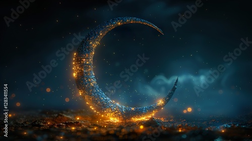 Ramadan kareem and Ramadane mubarak. Shiny Exquisite Crescent Moon With Carved Mosque On Night Background. 