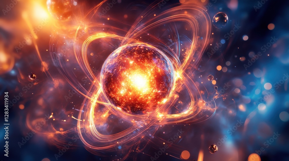 bright particles orbiting around a central sphere, creating the impression of an atom or celestial body. bright particles orbiting around a central sphere, creating the impression of an atom or celestial body.