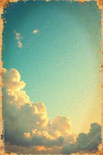 Distressed vintage sky print on yellowed paper background, vintage sky, cloudy sky, faded colors