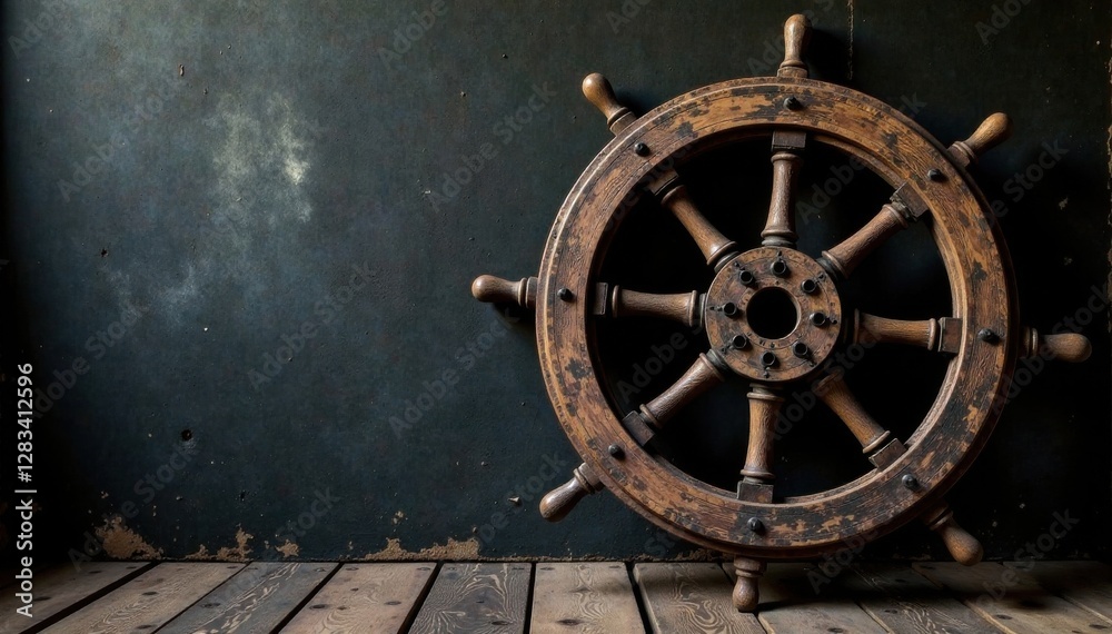 Fototapeta premium Distressed vintage wooden ship wheel in a moody monochrome setting, navy blue, rustic, sailing boat