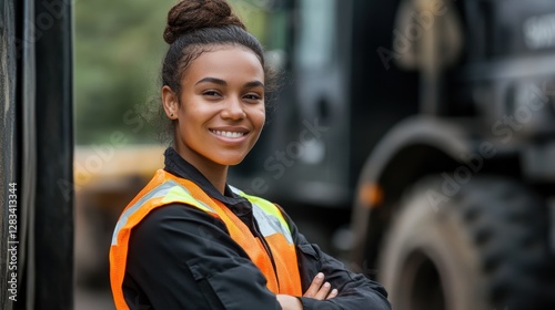 Construction worker woman smiling in safety gear outdoor, industrial site background, confident young professional, teamwork, engineering, occupational safety.