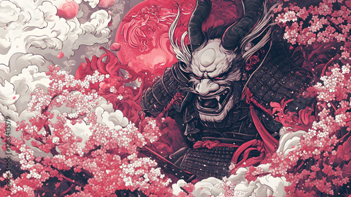 Samurai with a dragon Oni mask and sakura flowers in white and pink colors, light background