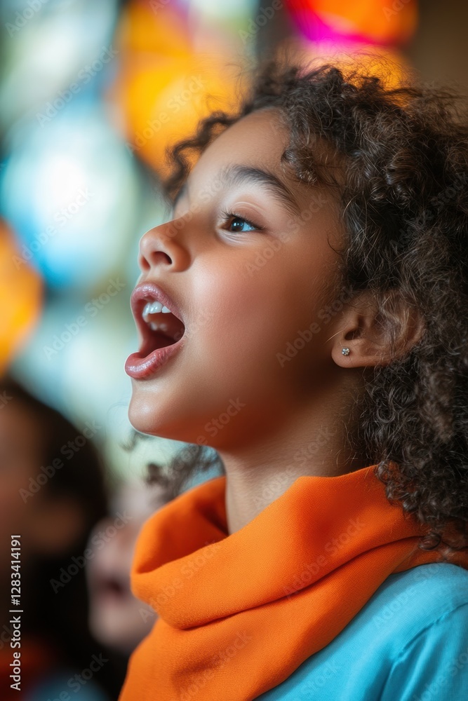 Girl singing passionately in a choir with friends, wearing colorful clothing and a bright orange scarf, expressing joy and enthusiasm during a performance. Girl singing passionately in a choir with friends, wearing colorful clothing and a bright orange scarf, expressing joy and enthusiasm during a performance.