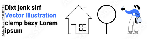 Woman with coffee walking by a house and a circular signpost, accompanied by sample text. Ideal for real estate, advertising, lifestyle, services, urban living, promotion, flat landing page banner