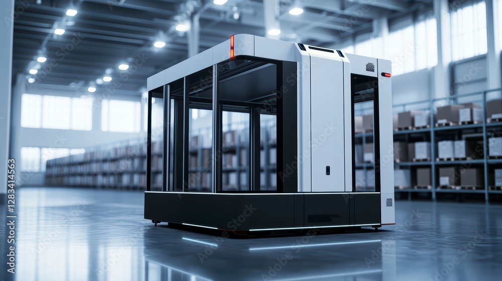 Fototapeta premium Automated Warehouse Robot: A sleek, autonomous robot navigates the expansive interior of a modern warehouse, efficiently managing inventory and logistics.