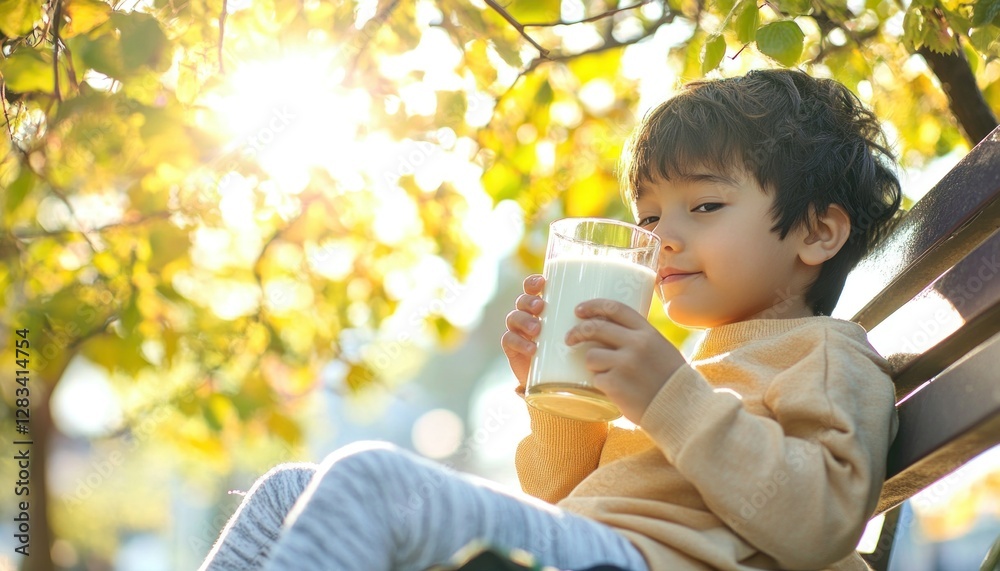 Cute child drinking milk from glass outdoors in autumn sunlight Cute child drinking milk from glass outdoors in autumn sunlight