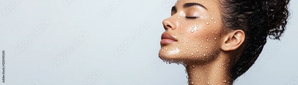 Fototapeta premium A serene woman with curly hair, gently smiling, adorned with glistening droplets on her skin against a soft, neutral background.