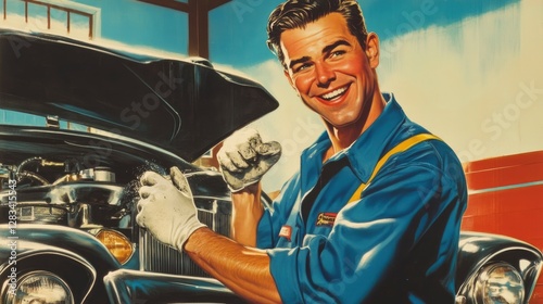 A bold and colorful 1950s American advertisement-style poster featuring a smiling mechanic