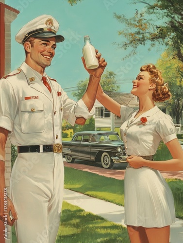 A cheerful mid-century American illustration of a milkman in a crisp white uniform