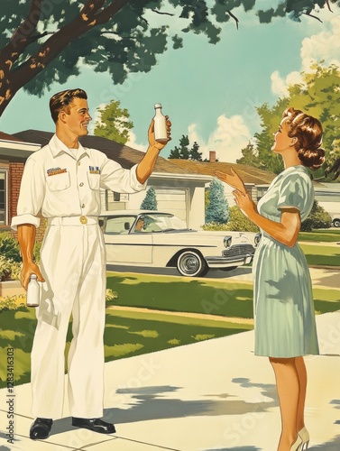 A cheerful mid-century American illustration of a milkman in a crisp white uniform