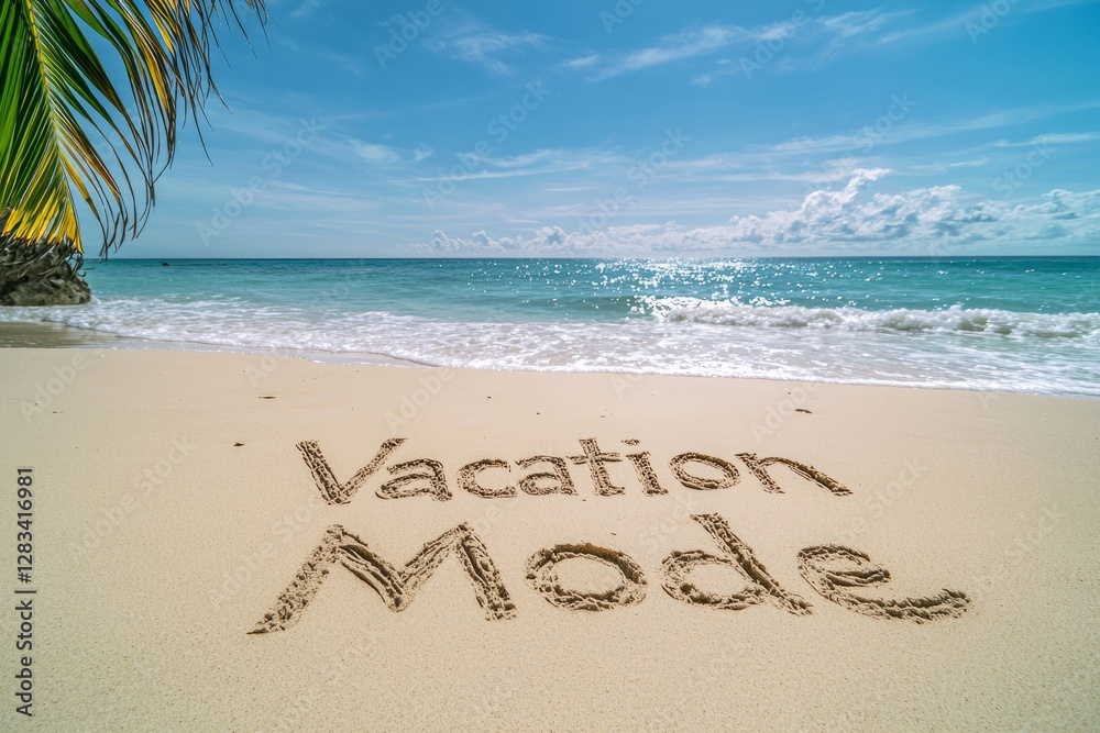 Relaxing beach scene with vacation mode written in the sand on a sunny day Relaxing beach scene with vacation mode written in the sand on a sunny day