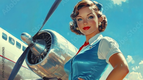 A classic pin-up style artwork of a glamorous flight attendant in a vintage airline uniform