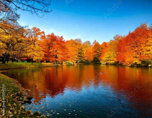 紅葉、風景、湖、川、自然