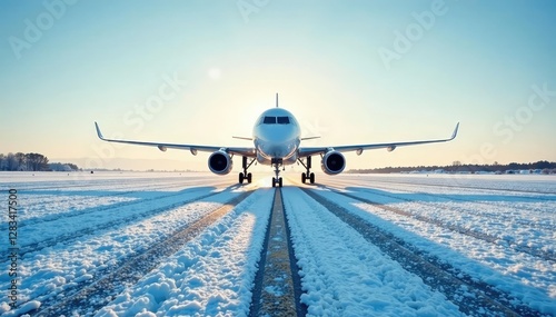Snowy runway with aircraft under clear blue sky, winter, airfield, airports