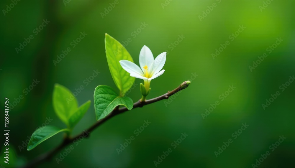 Green leaves and single white petals forming a delicate balance on a twig, flora, stems, flowers Green leaves and single white petals forming a delicate balance on a twig, flora, stems, flowers