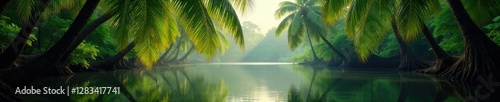 Palmetto branches sway in gentle wind over calm river, forest, serene, natural