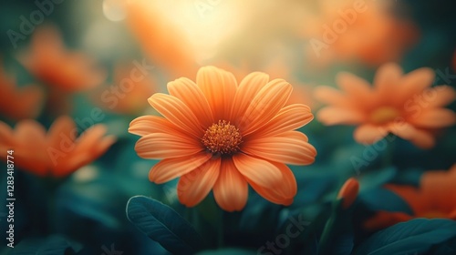 Orange flower garden, sunlit blooms, vibrant background photo