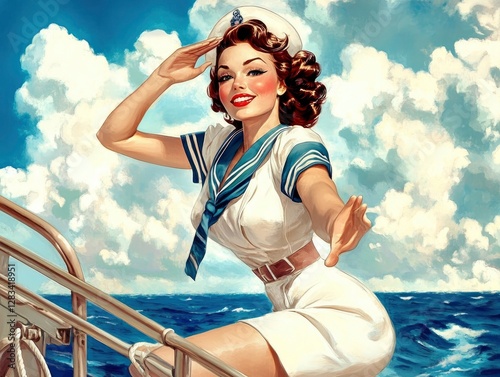 A fun and energetic pin-up style illustration of a woman in a sailor outfit, playfully saluting on the deck