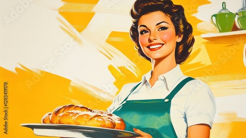 A heroic Soviet-style propaganda poster featuring a smiling woman in a clean apron