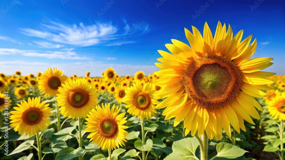 Sunflower field with bright yellow petals against a clear blue sky , outdoors, sunshine, outdoors, sunshine, sunny, summer, warm Sunflower field with bright yellow petals against a clear blue sky , outdoors, sunshine, outdoors, sunshine, sunny, summer, warm