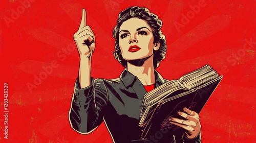 A powerful Soviet-era poster-style image of a woman holding a book and pointing forward